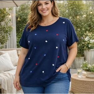 Lane Bryant Womens Embroidered Hearts T‎ Shirt Top Plus Size 18/20 Navy Blue